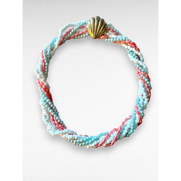 Vintage Jewelry - Vintage Multi Strand Seed Bead Torsade Necklace Gold Tone Scallop Clasp 15 Inch